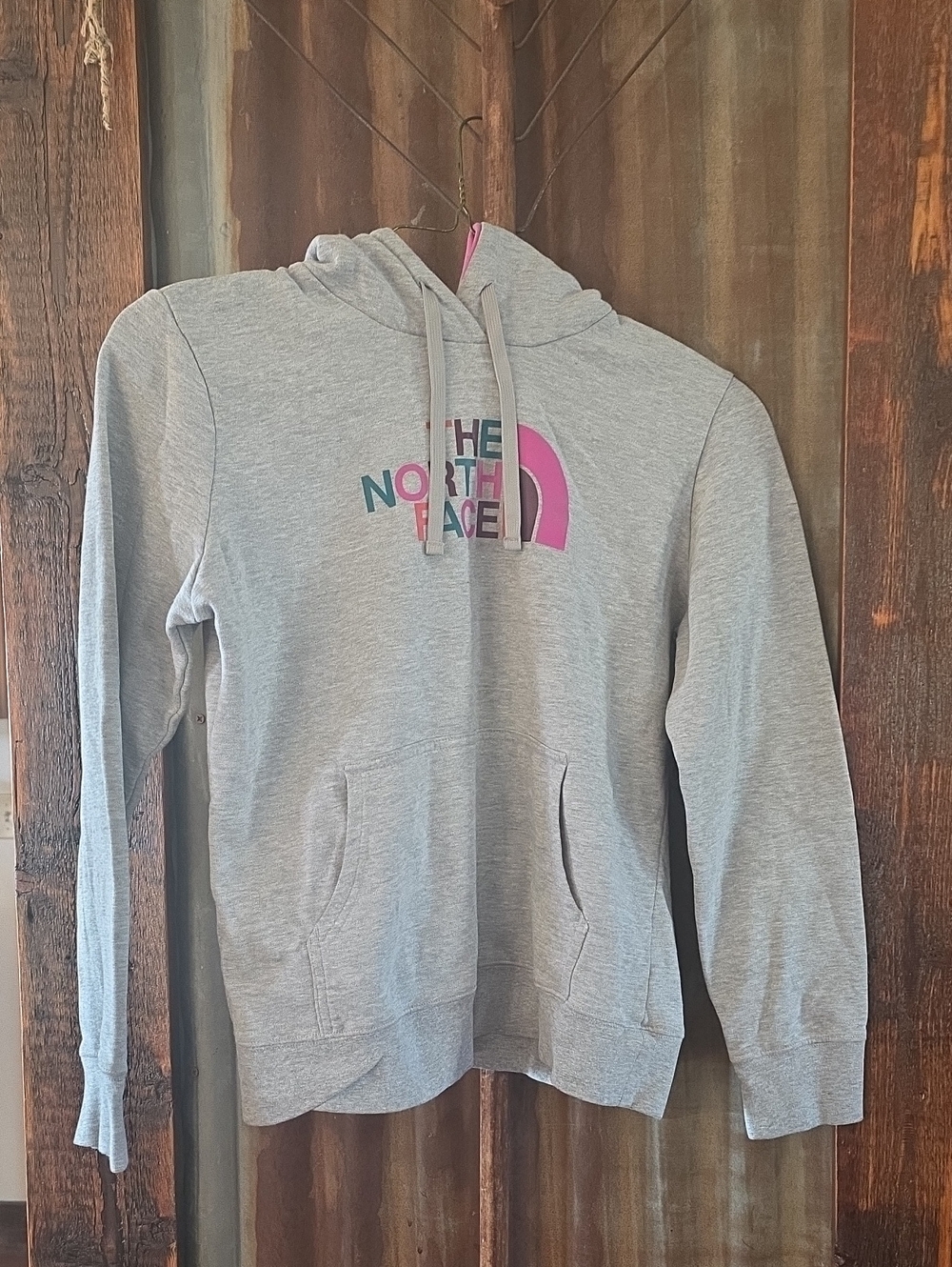 The North Face Gray Hoodie with Pink and Teal Logo - Womens SIZE LG